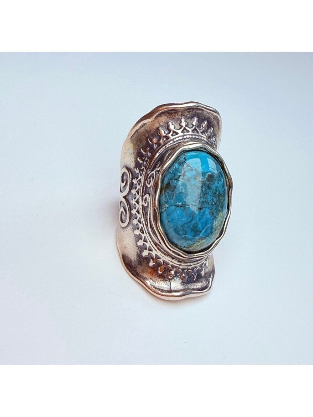 DIDAE 9.5CT Real Eliat Turquoise Sterling Silver Vintage Boho Saddle Israel Ring - Picture 2 of 12